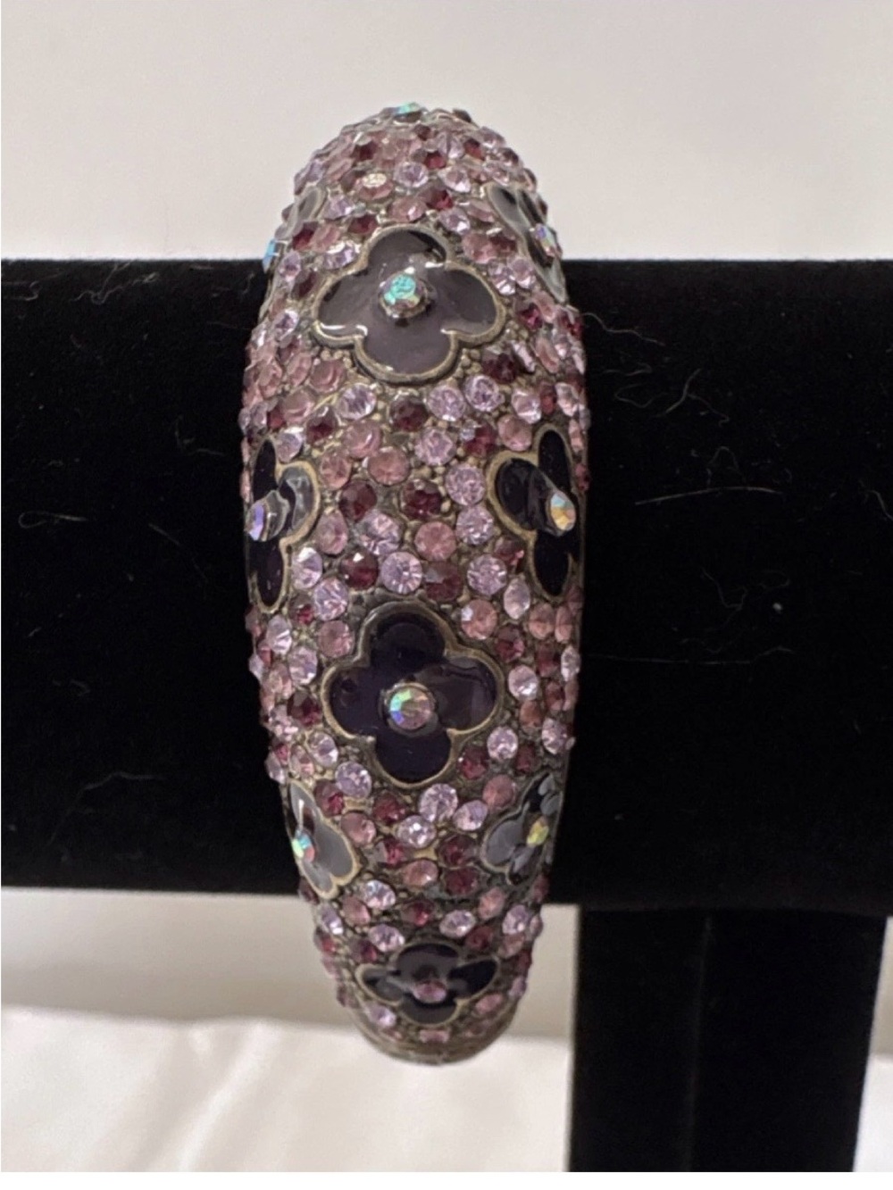 Vintage Pink Crystal Pave Flower Bangle Bracelet